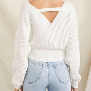 Open Back V - Neck ribbed crop Sweater White